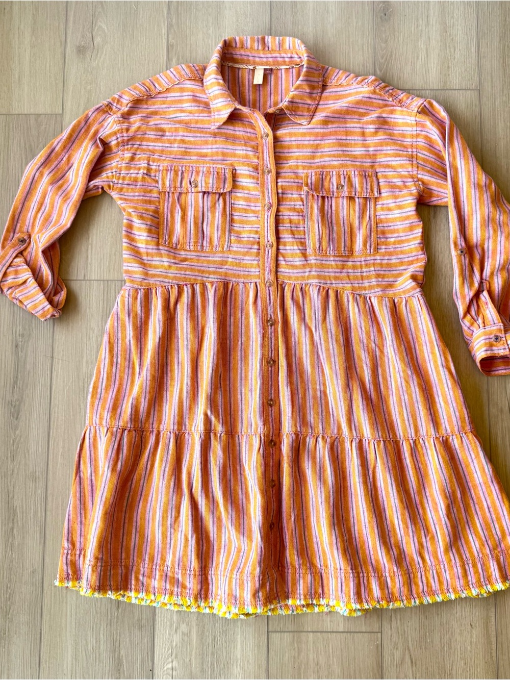 Anthropologie Pilcro Striped Tiered Shirt Dress Small Cotton Linen Boho